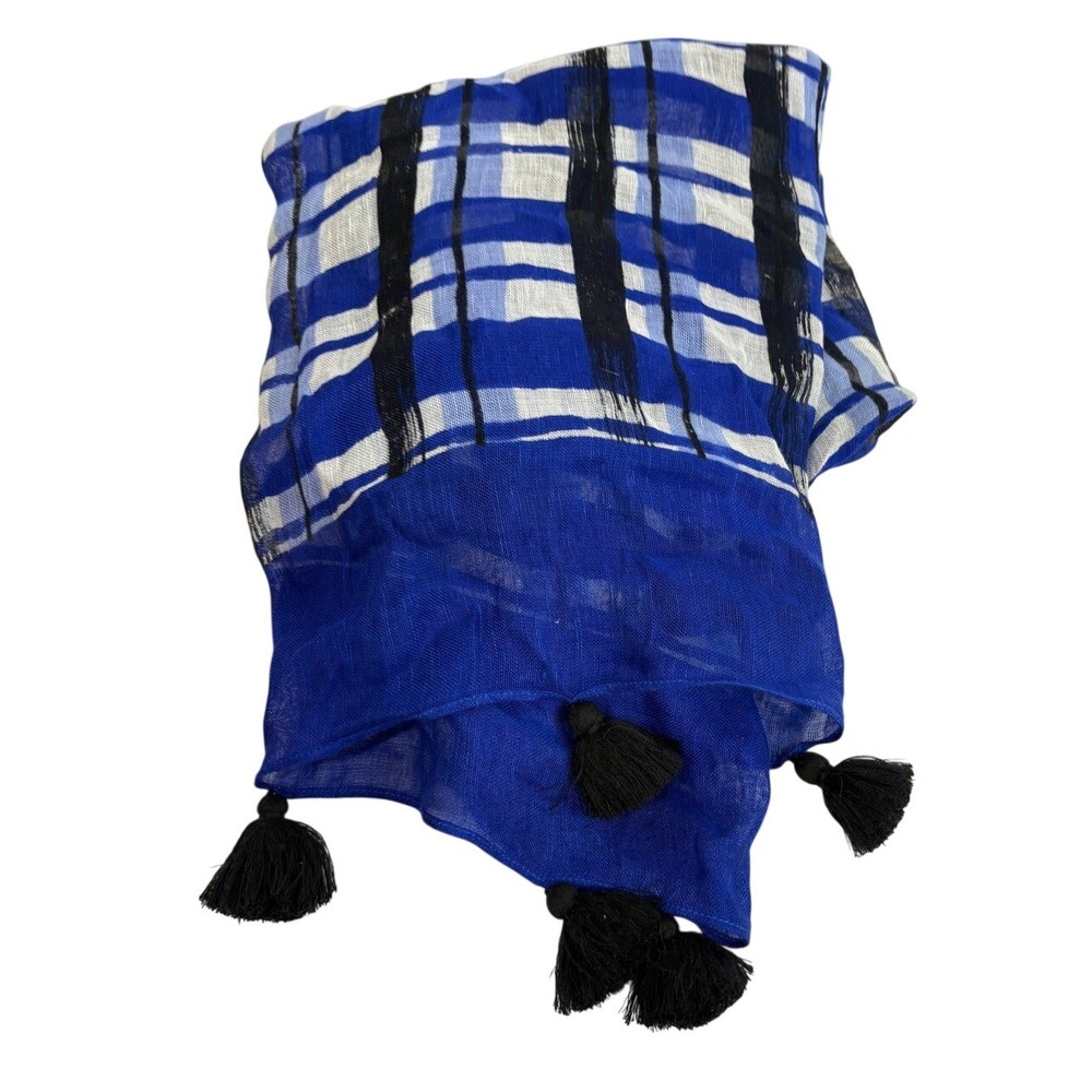 Kate Spade On Purpose Blue Plaid Tassel Scarf 100% Wool Handcrafted Rwanda